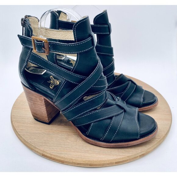 Freebird By Steven Claw Boots Womens 9 Black Leather Ankle Strappy Peep - Picture 1 of 12